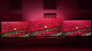 LG G5 (left) vs Philips OLED910 (middle) vs Samsung S95F (right) showing red flowers on screen in pitch black room 