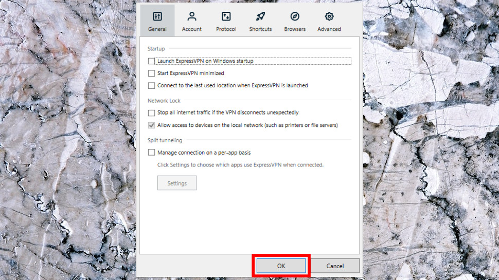 ExpressVPN Network Lock settings with the OK button highlighted