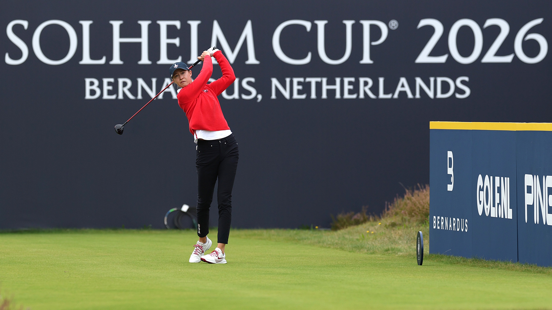 Nelly Korda of Team United States tees off on the first hole during a practice round prior to the Solheim Cup 2026 at Bernardus Golf in the Netherlands.