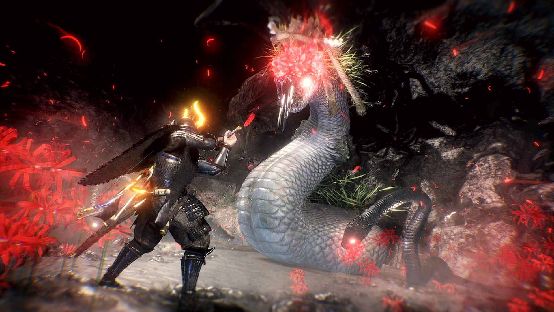 Battling a giant basilisk as the Yokai in Nioh 2