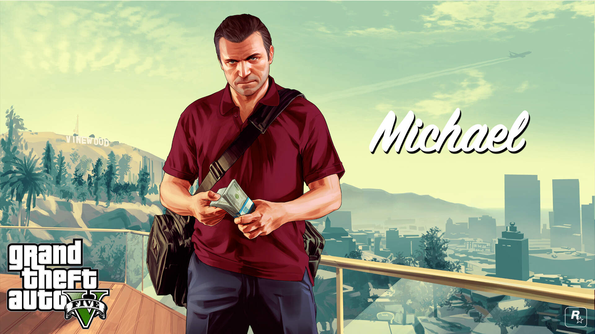 Michael holds a stack of money, standing on the balcony of his home