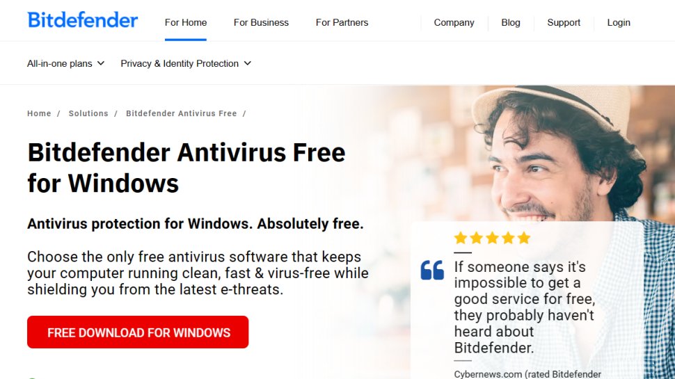 Website screenshot for Bitdefender Antivirus Free Edition showing a five star review from Cybernews.com, and offering a free download for Windows.
