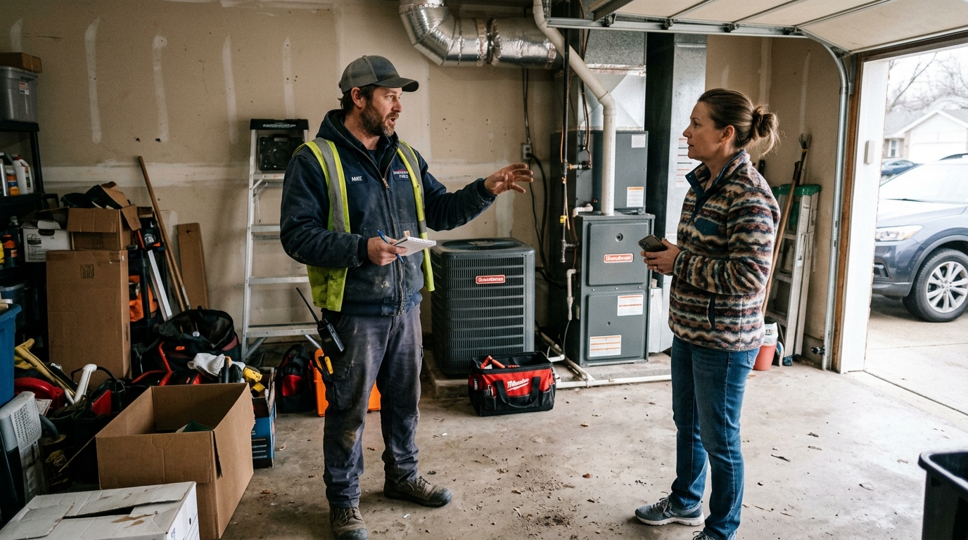 HVAC engineer talking to a woman in her garage