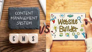 acronym CMS on wooden cubes and writing slate with explanation and Website Builder text with a person holding a pen on a wooden desk