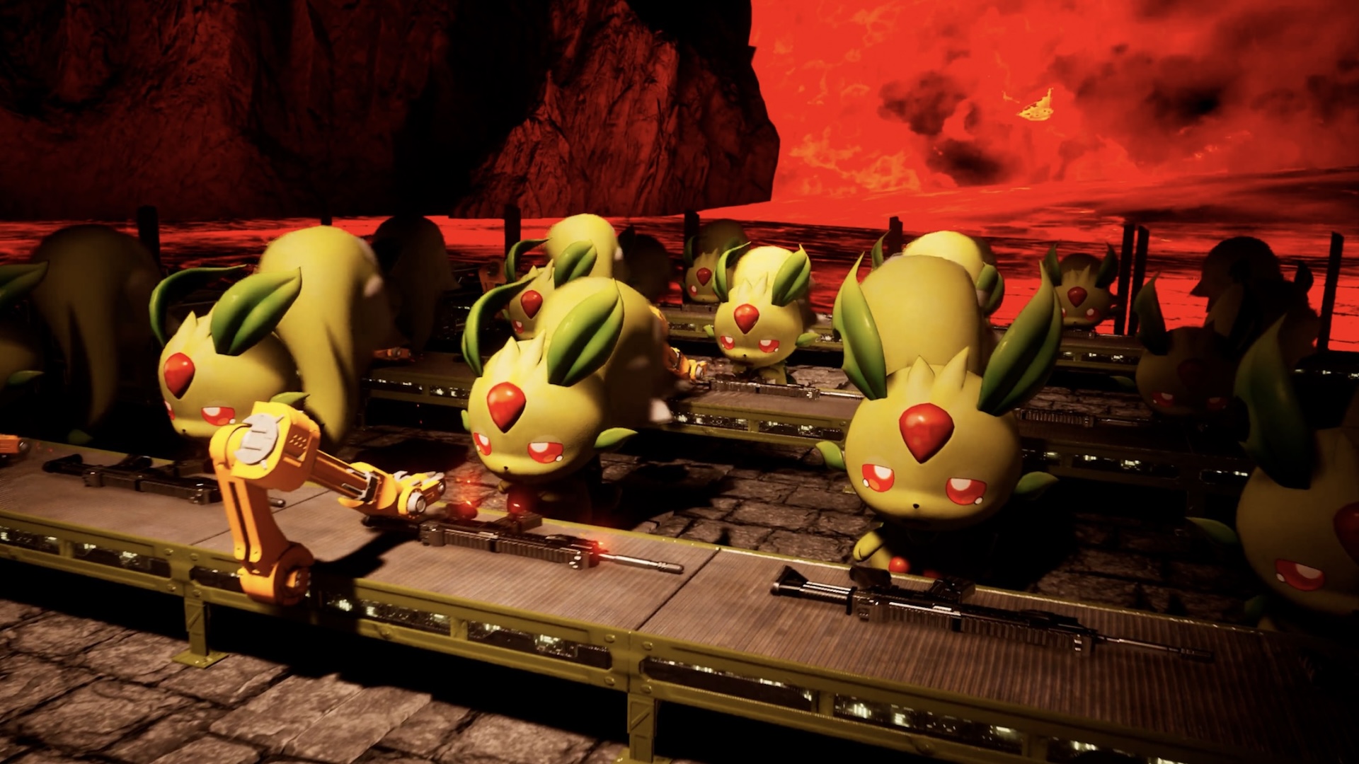 Pals work on a production line making assault rifles