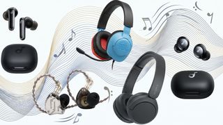 Headphones on a music-themed background