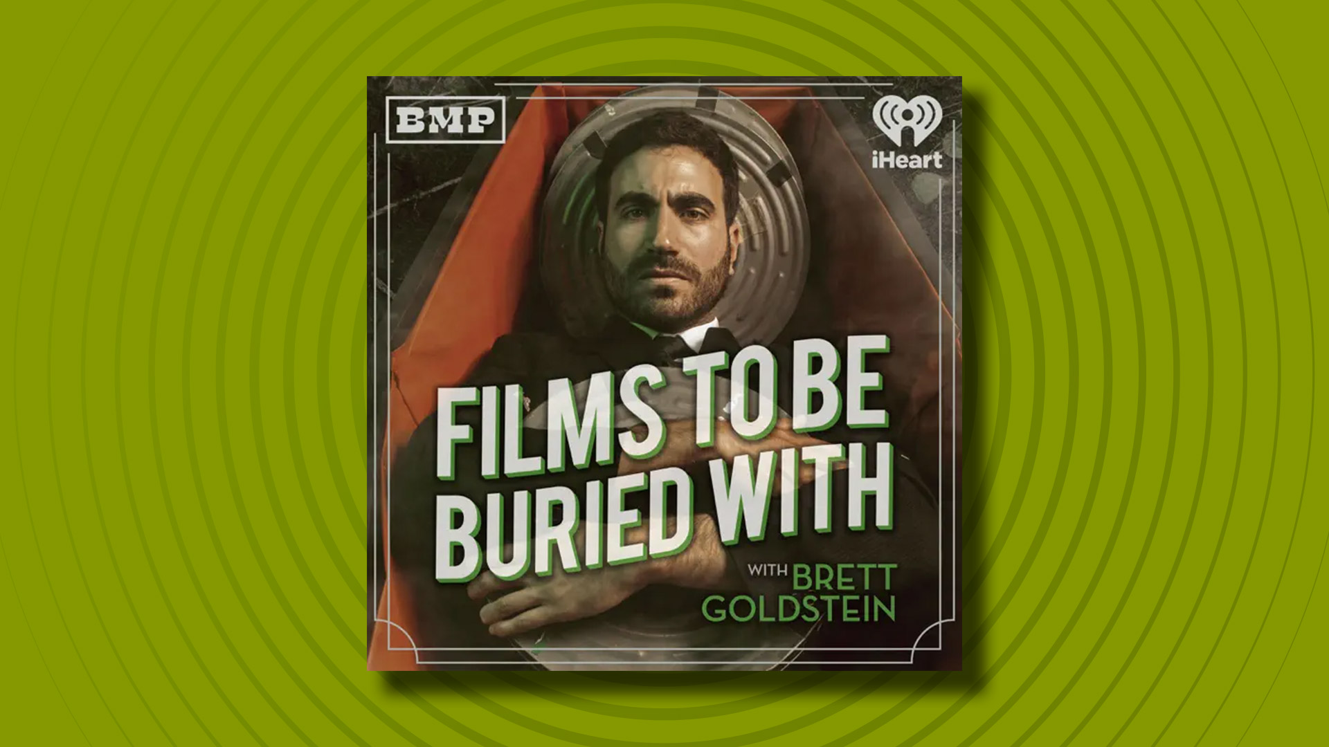 The logo of the Films To Be Buried With podcast on a green background