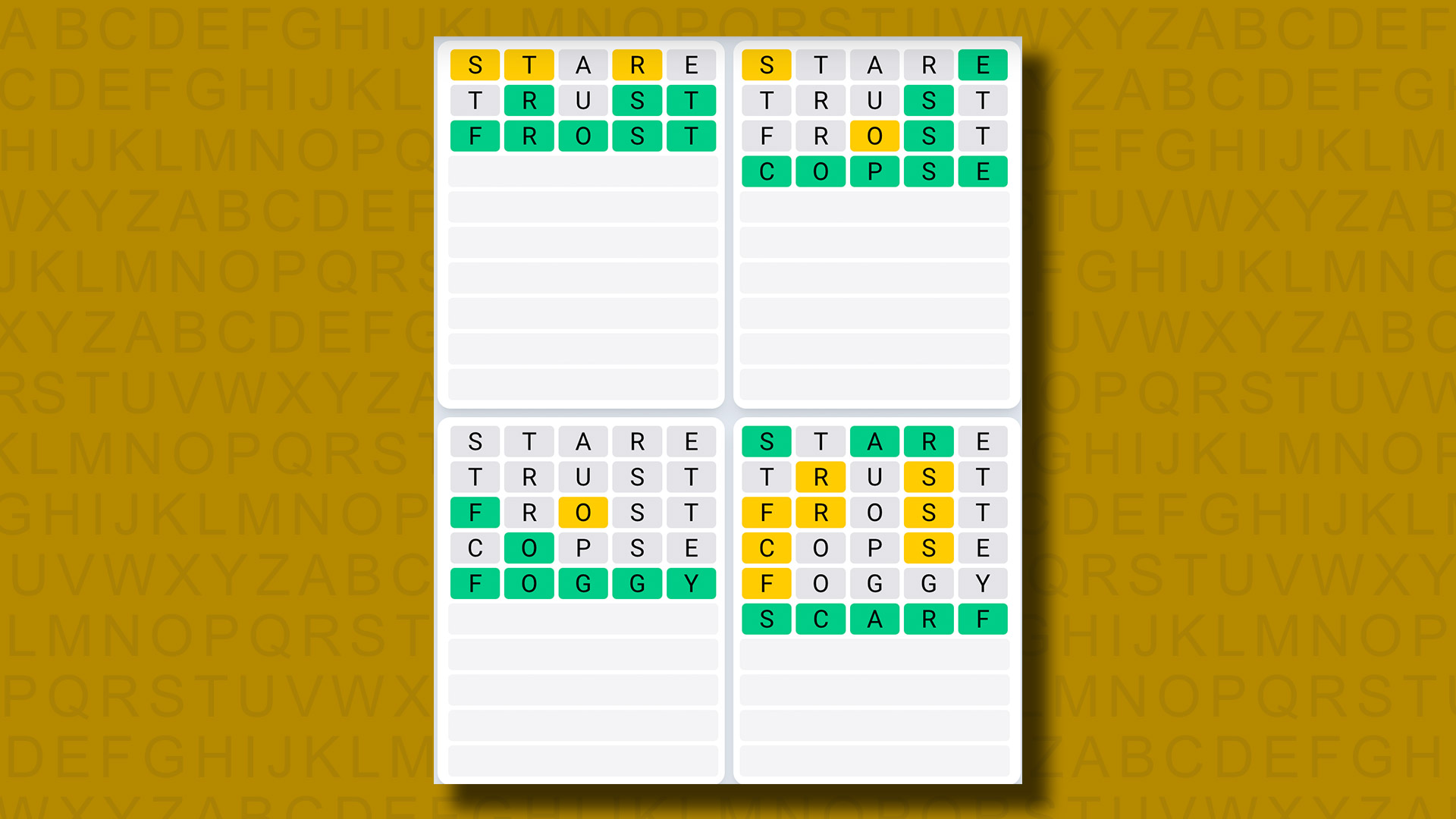 Quordle Daily Sequence answers for game 1070 on a yellow background
