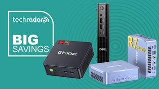 Mini PCs from Dell, GMKtec, and Geekom on a green background next to a TechRadar badge that reads 'Big Savings'