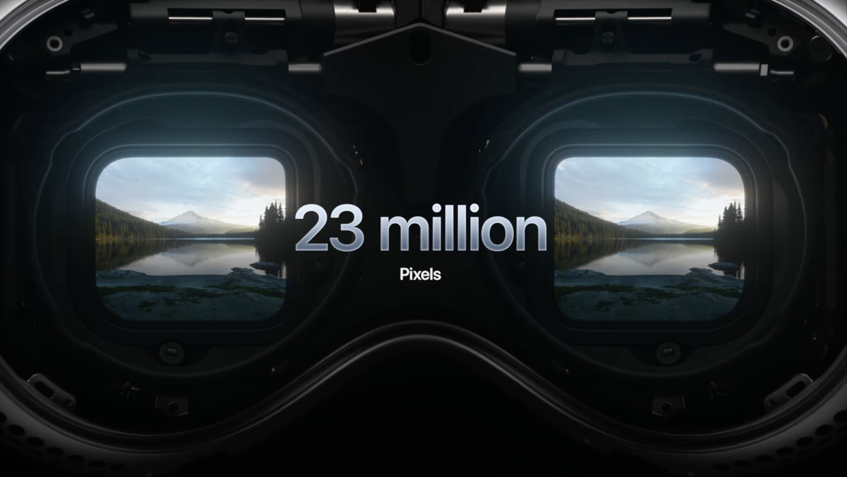 Apple Vision Pro screens shown inside the headset, with text reading '23 million pixels'