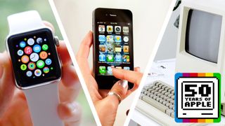 A hand holding the Apple Watch next to a hand holding an iPhone next to a retro Mac