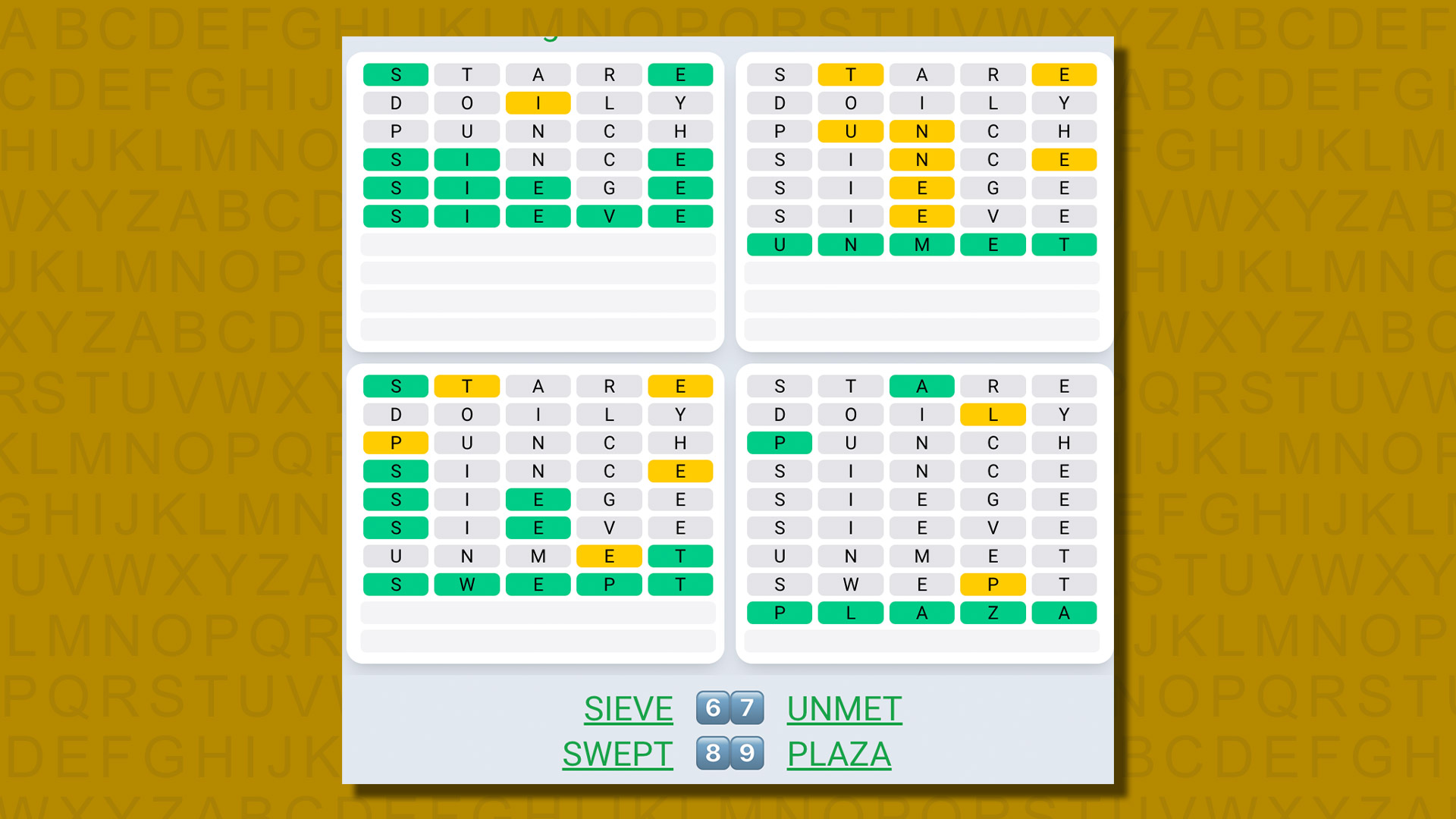 Quordle daily sequence answers for game 576 on a yellow background
