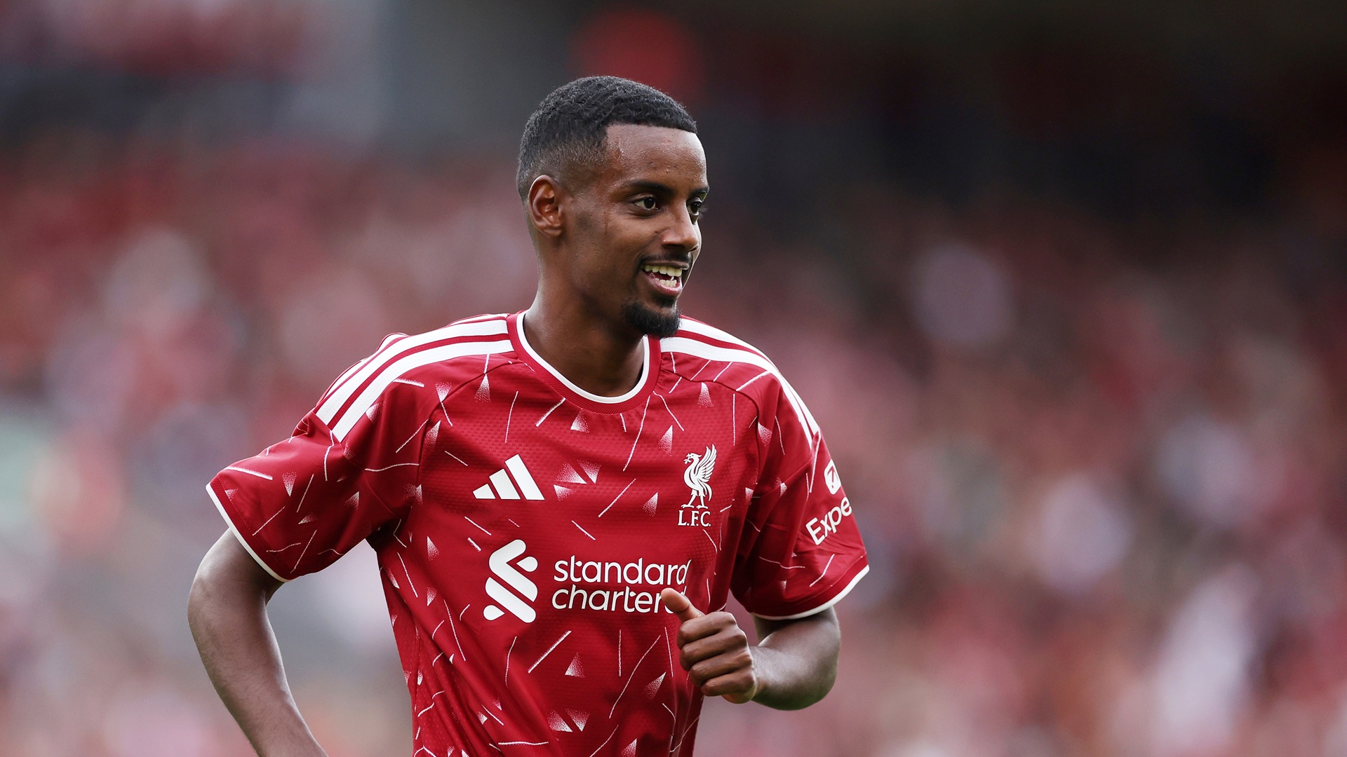 LIVERPOOL, ENGLAND - AUGUST 16: Alexander Isak of Liverpool looks on during the pre-season friendly match between Liverpool FC and Como Calcio at Anfield on August 16, 2026 in Liverpool, England. (Photo by Lewis Storey/Getty Images)