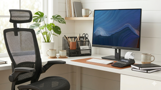 A clean, brightly lit home office displaying a monitor, office chair, notebook, desk organizer, and caalculator