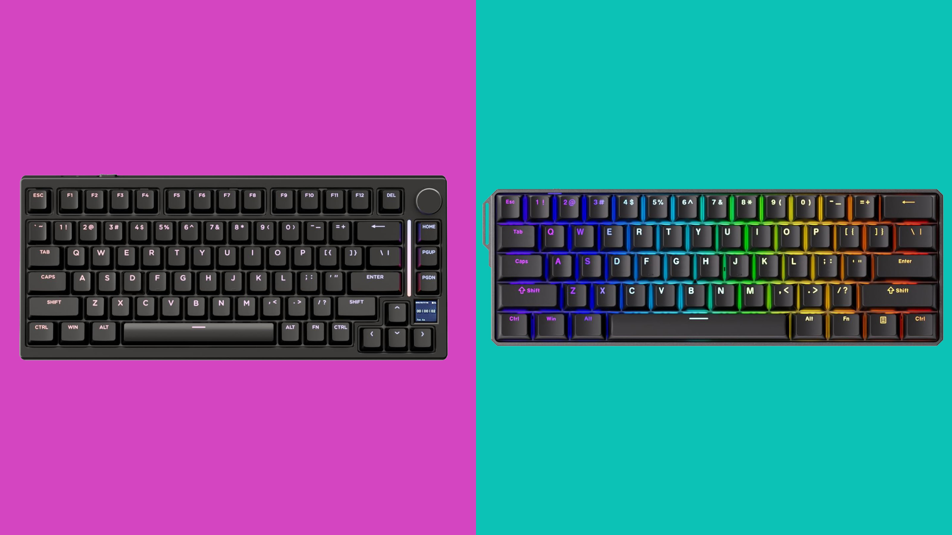 MonsGeek FUN60 Ultra and Gamakay TK75HE V2 on pink and green background