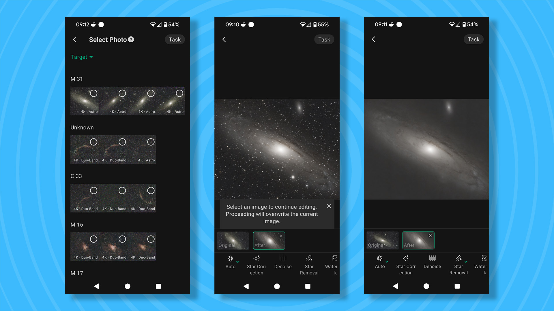 Three screenshots from the Dwarf III's app showing the Stellar Studio processing suite