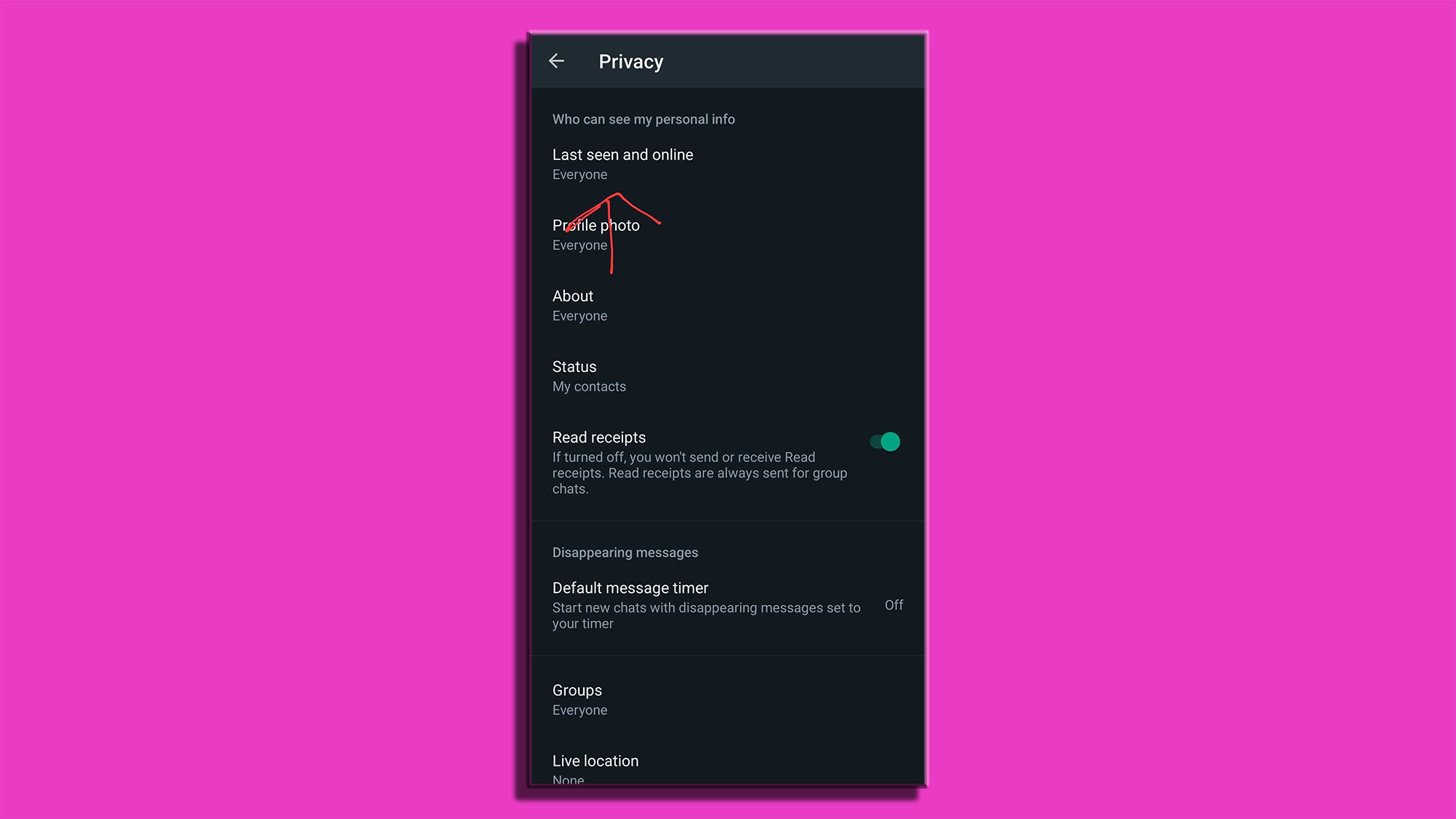A WhatsApp settings screen