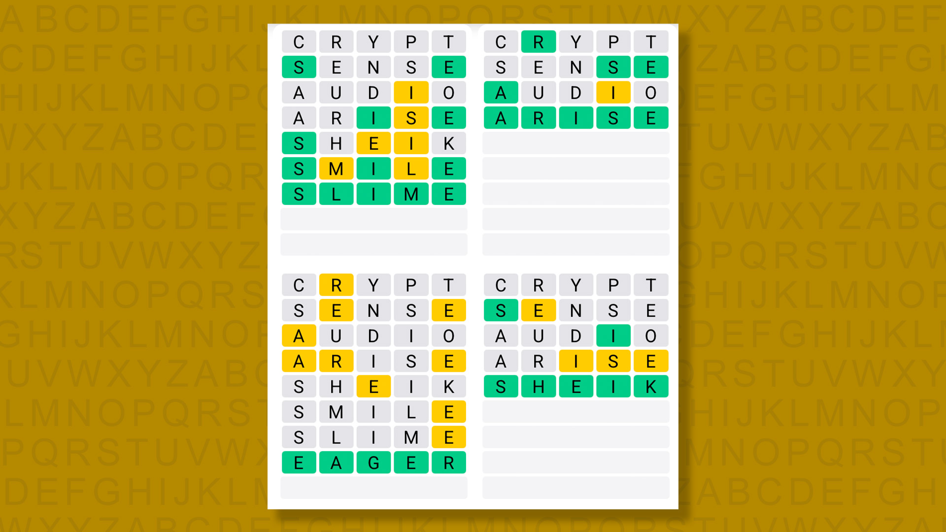 Quordle answers for game 1582 on a yellow background