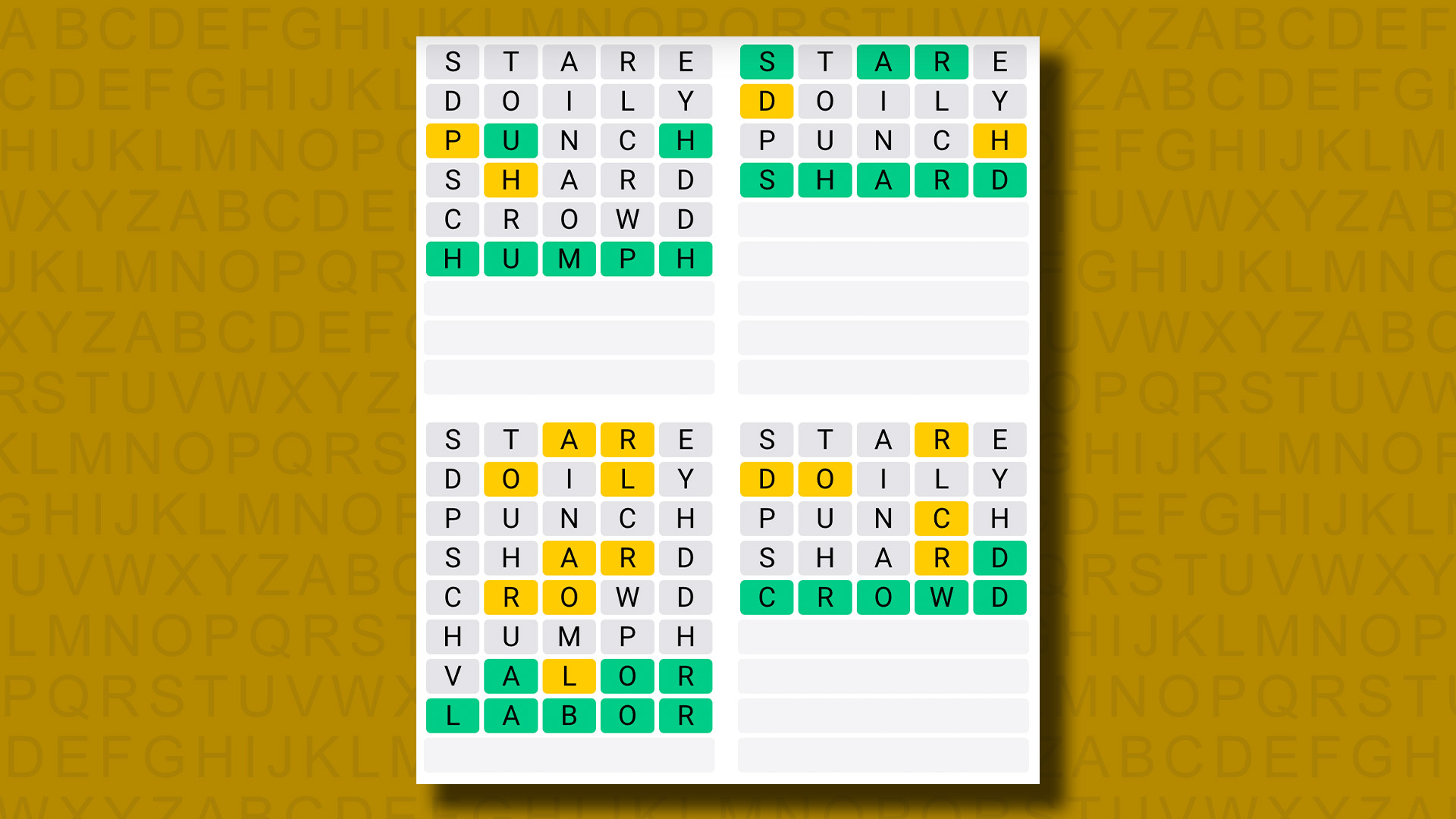 Quordle answers for game 845 on a yellow background