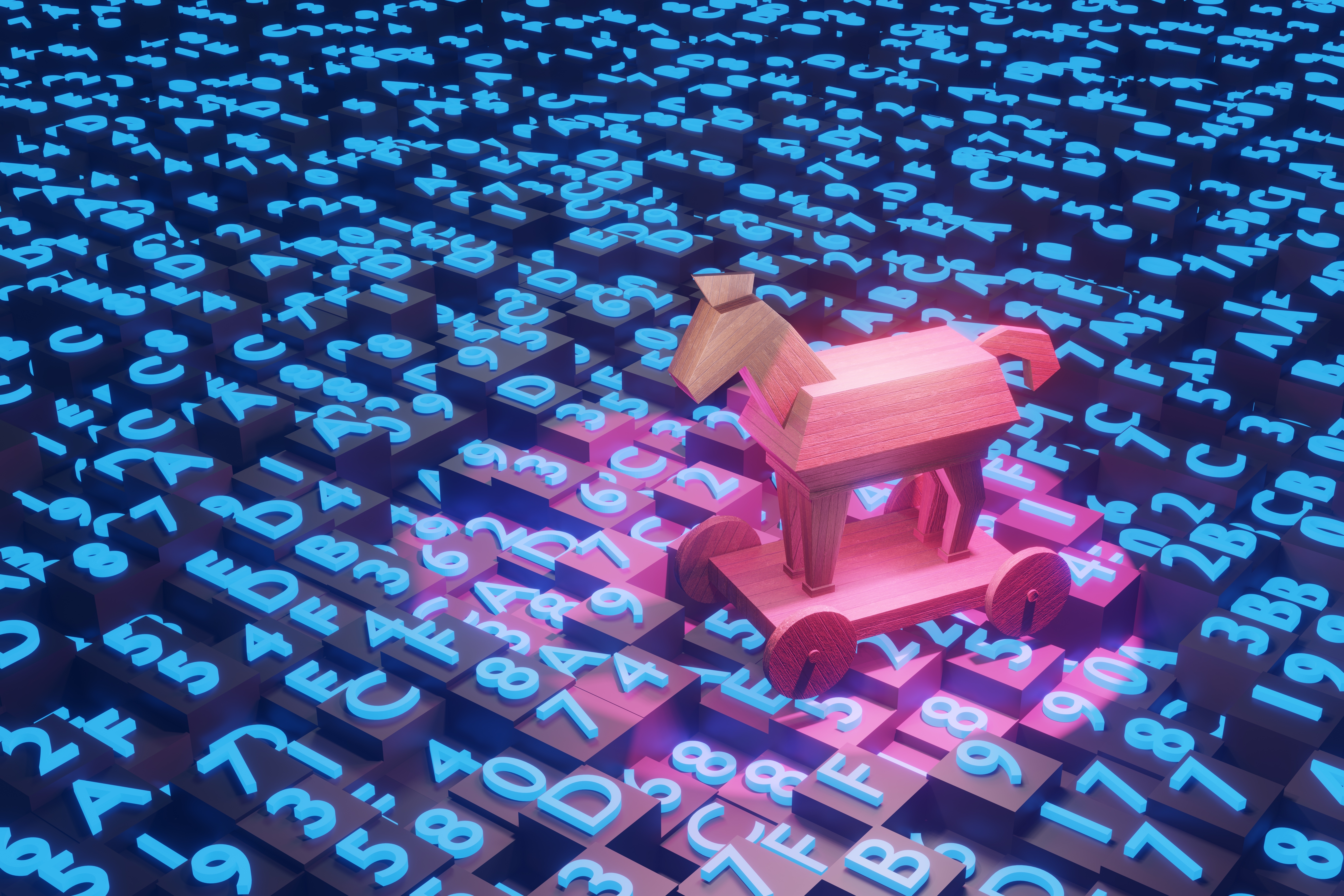 Trojan horse on top of blocks of hexadecimal programming codes. 3D illustration of the concept of online hacking, computer spyware, malware and ransomware.