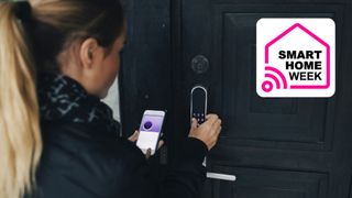 Woman using phone and keypad to open smart lock on door