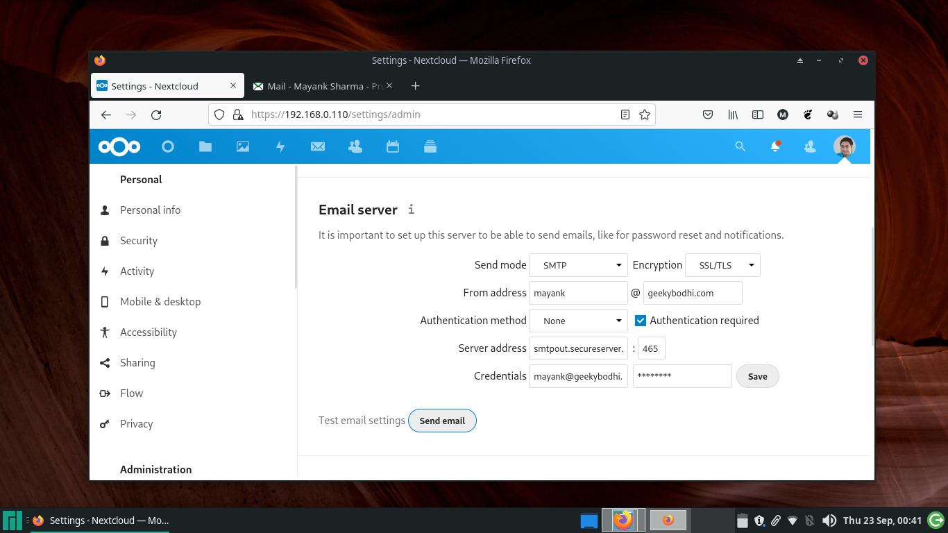 screenshot of the Nextcloud administration interface's email server settings