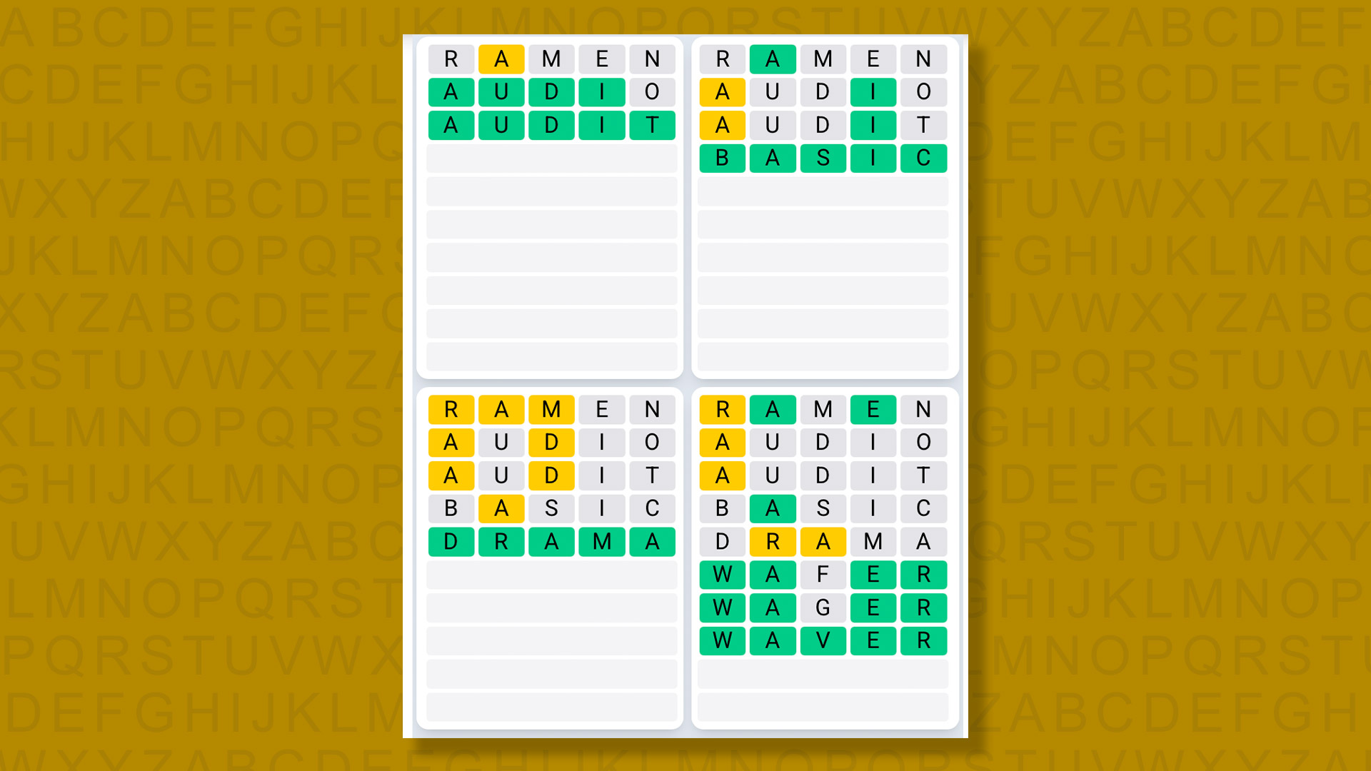 Quordle Daily Sequence answers for game 1597 on a yellow background