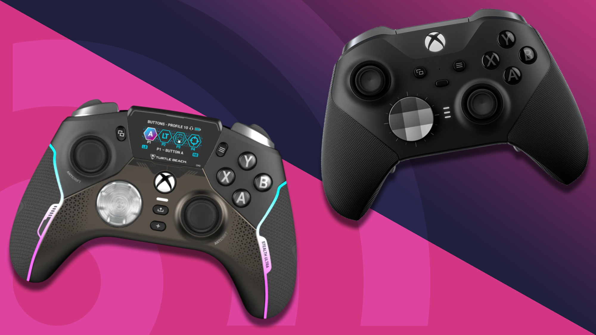 The Turtle Beach Stealth Ultra and Xbox Elite Series 2 on a pink radar background.