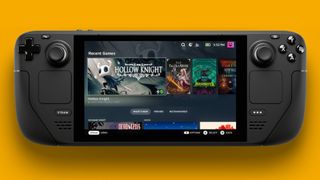 The Steam Deck handheld showing off Hollow Knight
