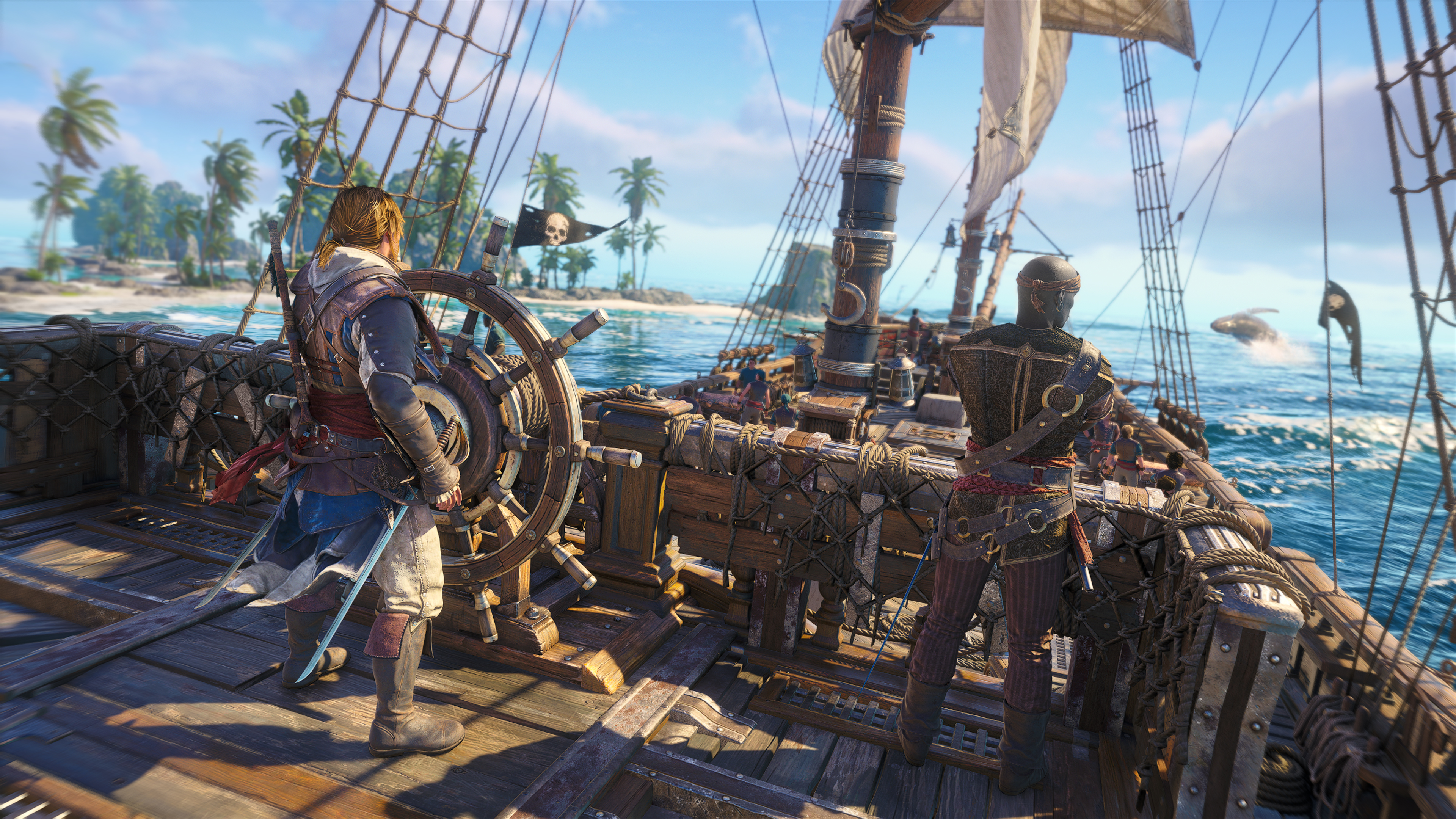 Edward Kenway standing at the helm of the Jackdaw ship in Assassin's Creed Black Flag Resynced