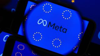 In this photo illustration the Meta logo and European Union flag are displayed on a mobile phone screen