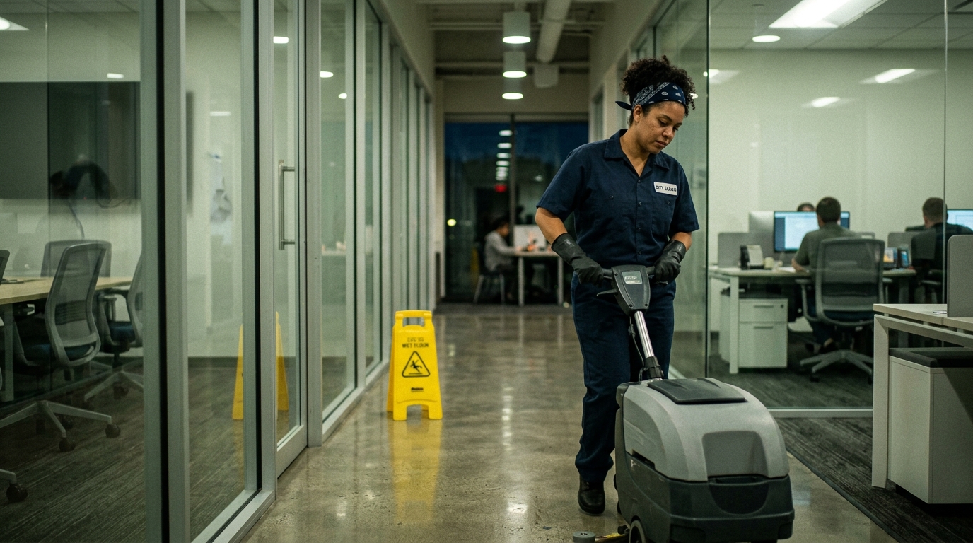 Woman cleaning the floor in an office