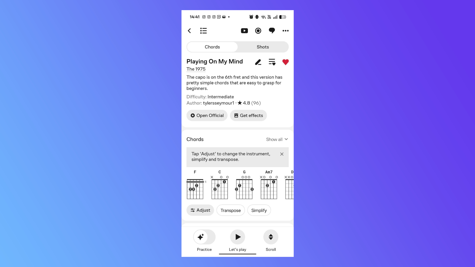 A screenshot of an Ultimate Guitar transcription of The 1975's 'Playing On My Mind'