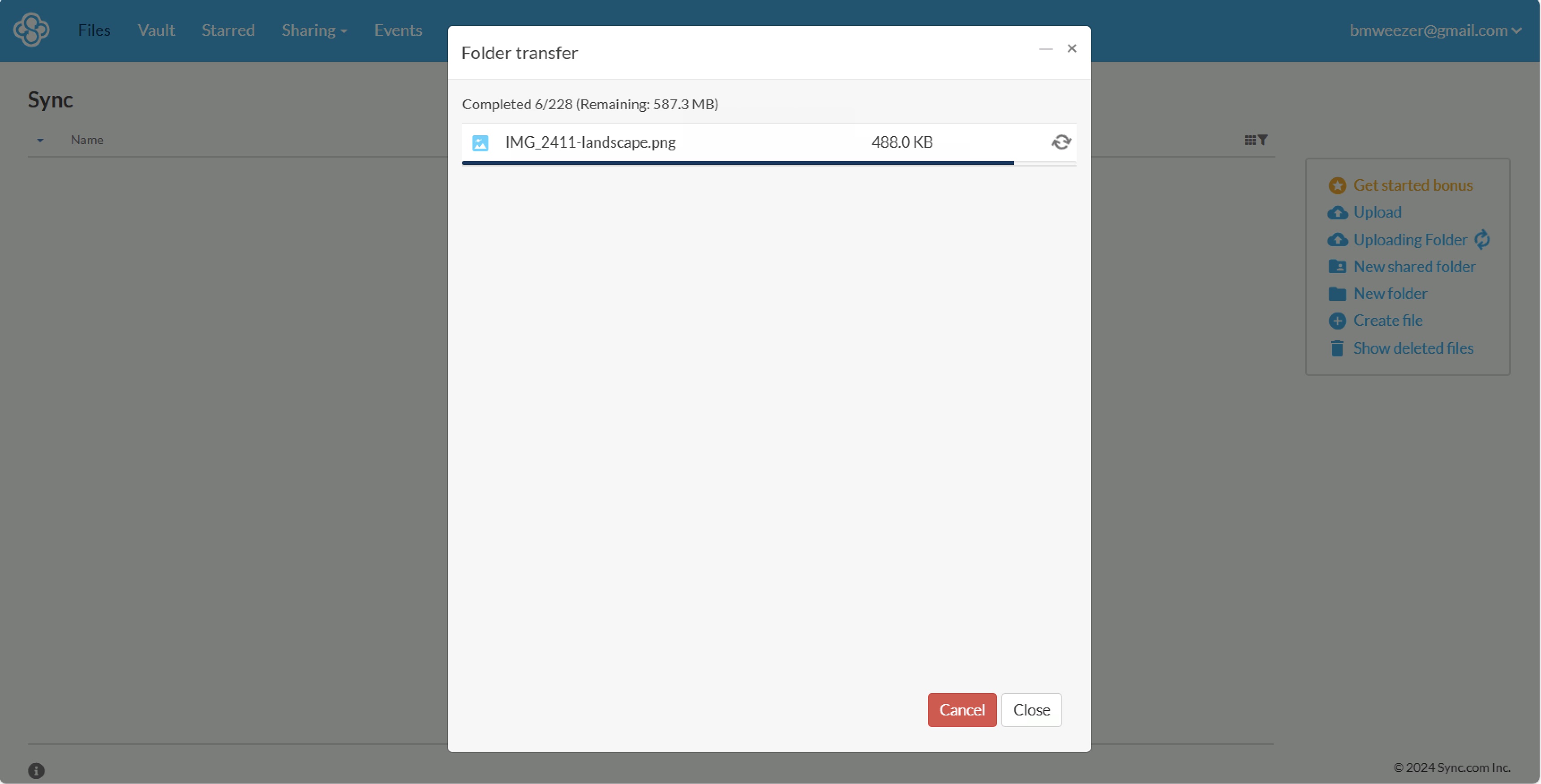 Our tester uploading a file to Sync.com with its web interface.
