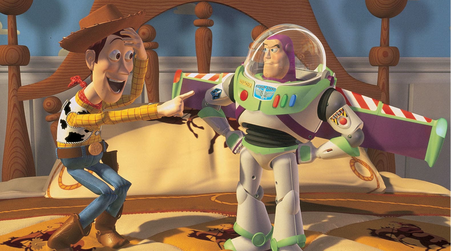 Woody laughing at Buzz in Toy Story, aka one of the best Disney+ movies