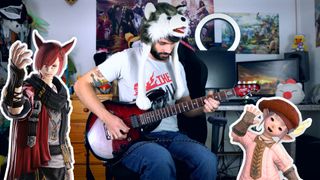 Husky plays the guitar while G'raha Tia and Tataru cheer him on