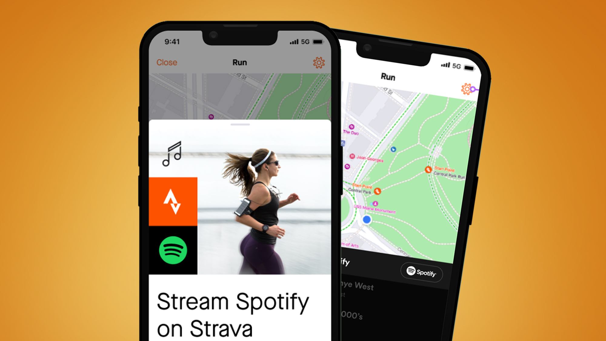 Two phones showing Strava's new Spotify integration