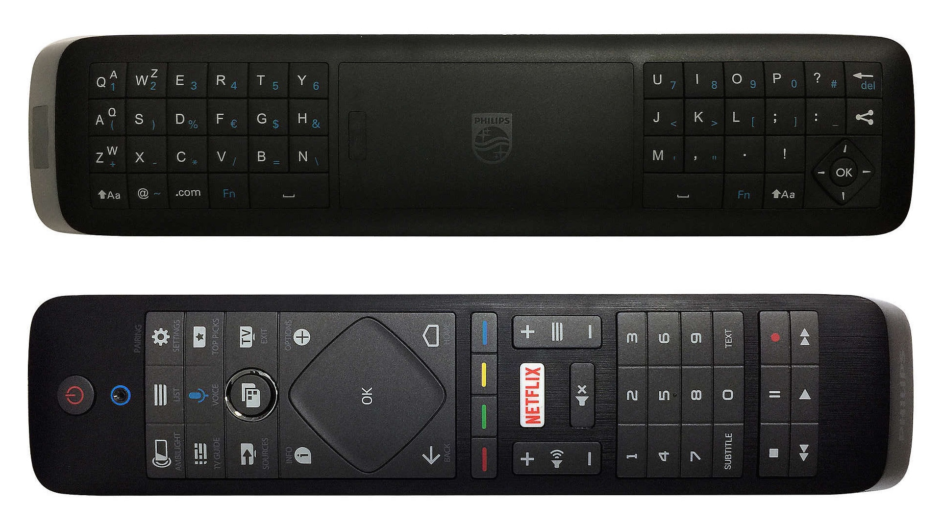 A full QWERTY keyboard on the back of the remote makes entering text a much less painful experience