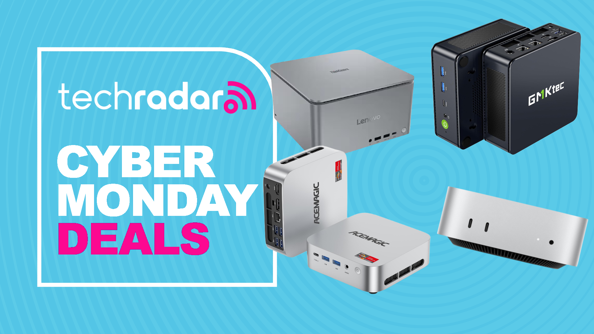 A selection of mini PCs on a light blue background next to a TechRadar badge reading 'Cyber Monday deals'