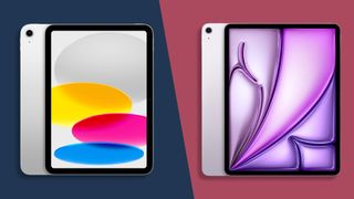 iPad and iPad Air on a split navy/maroon background