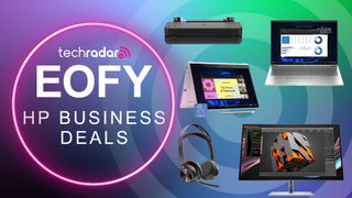 EOFY HP Business deals with TechRadar logo and HP laptops and other gear