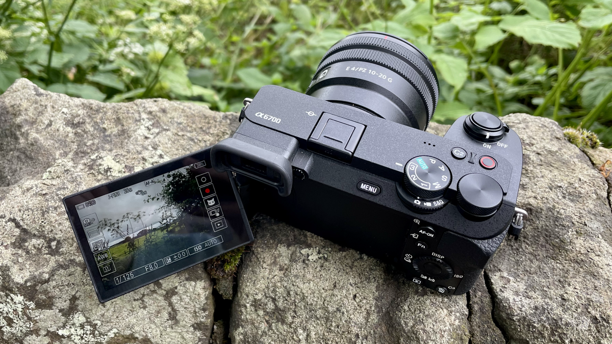 Sony Alpha A6700 mirrorless camera outside on a wall