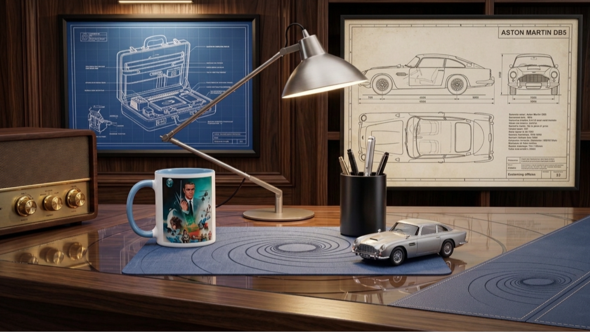 James Bond-themed gear on a desk in M's office