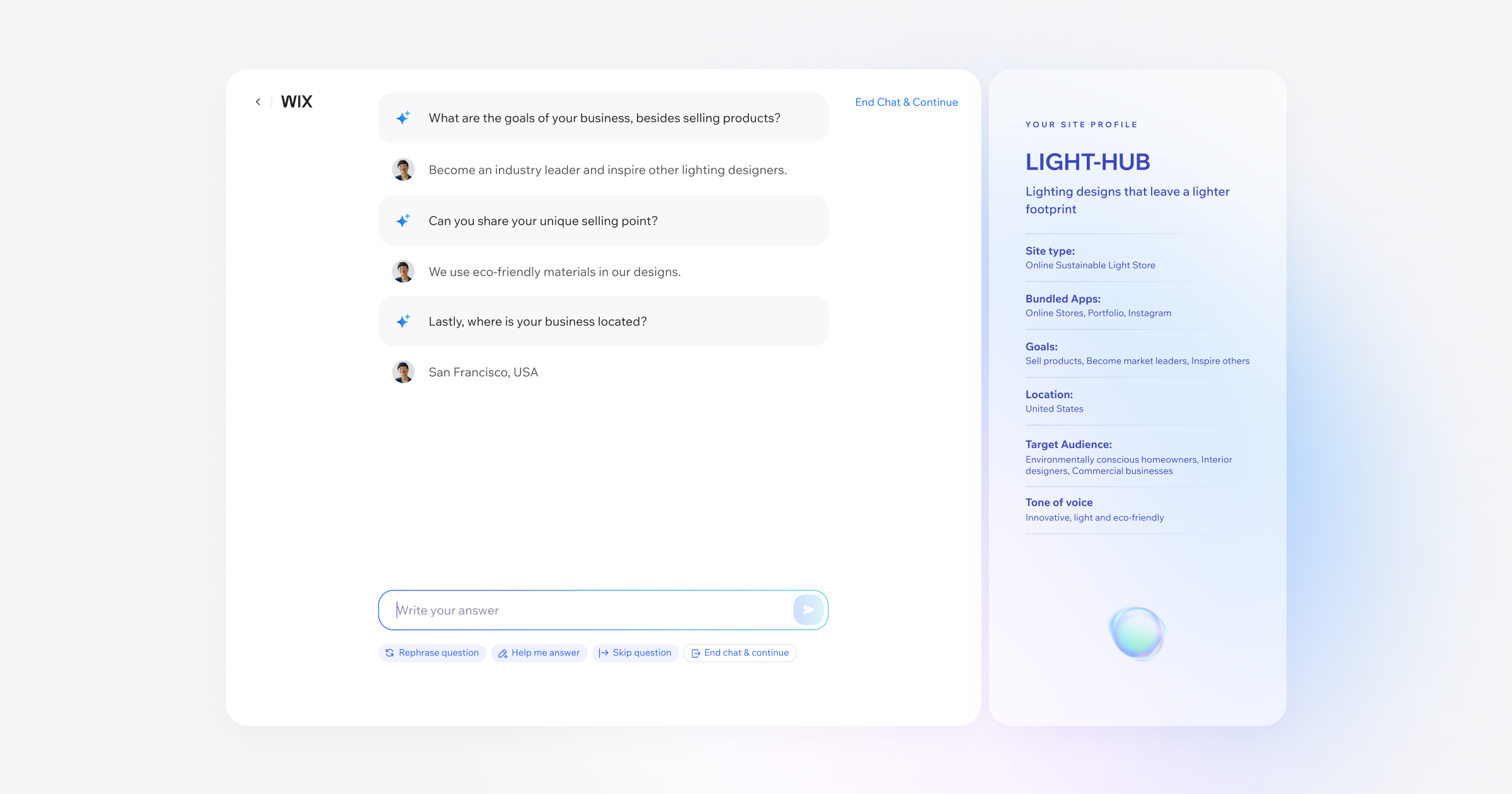Example of Wix's AI website builder chat feature