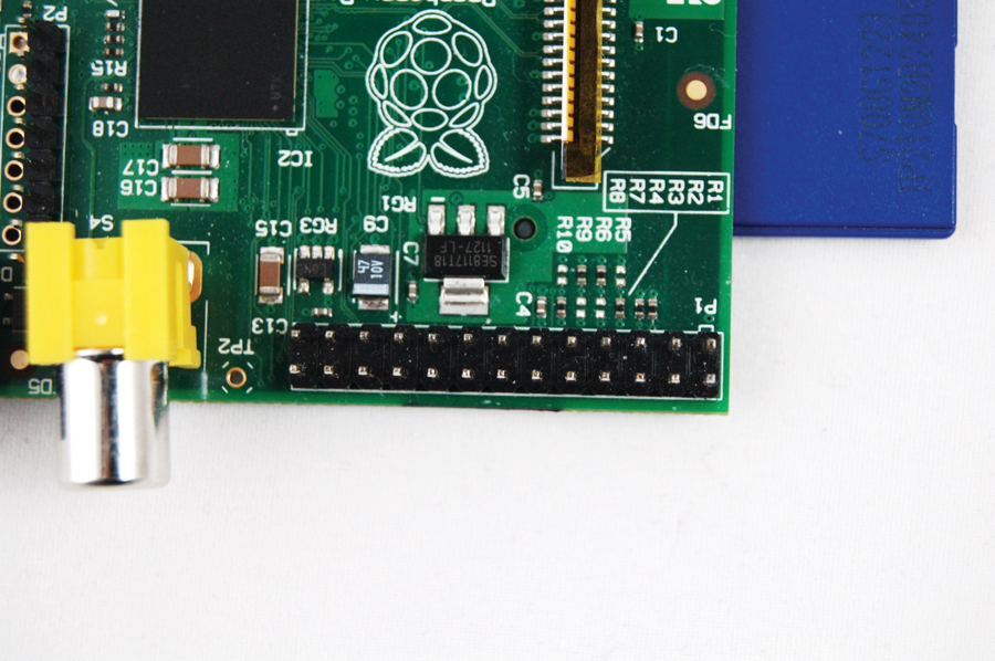 Figure 2: connect the bread board to these pins. We used commercially available single-pin connectors, but you could also solder connectors on, or use an old IDE cable