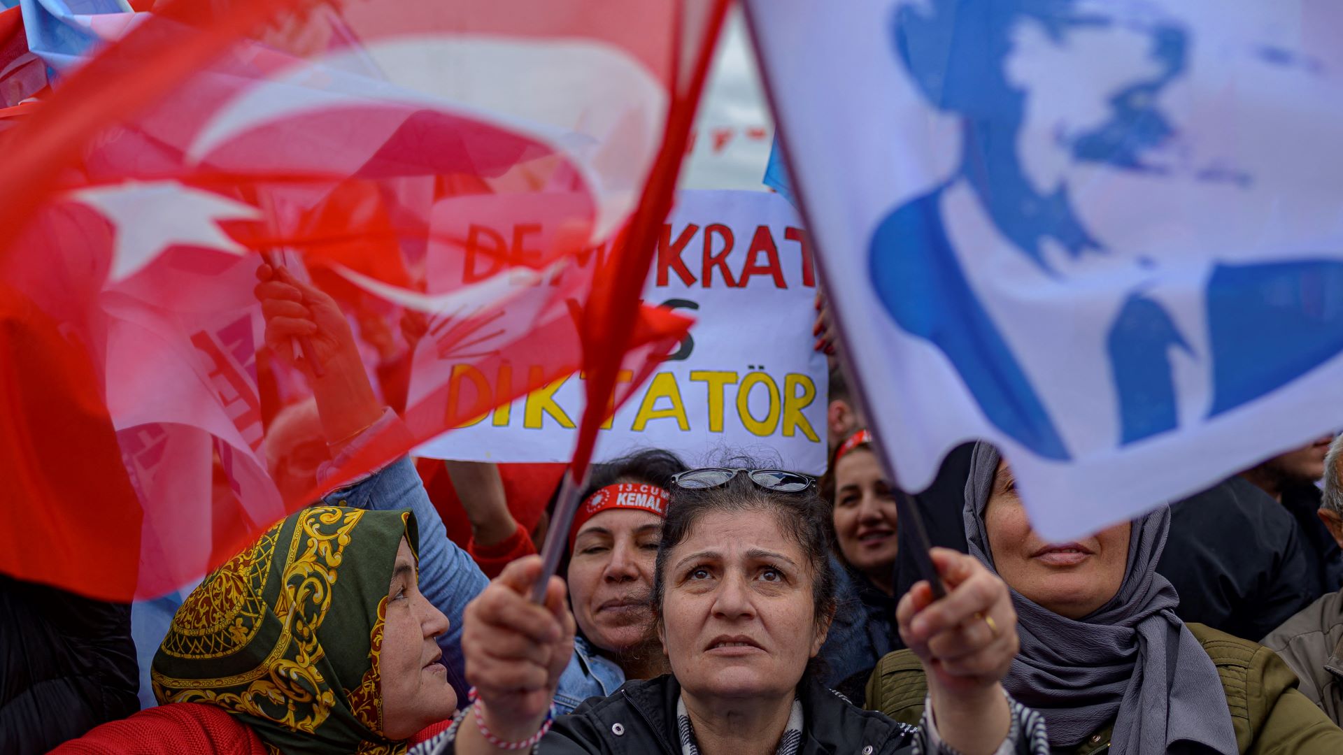A Supporter waves flags during a rally in support of Republican People's Party (CHP) Chairman and Presidential candidate Kemal Kilicdaroglu in Kocaeli, on April 28, 2023.