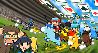 horses racing in front of a cheering crowd