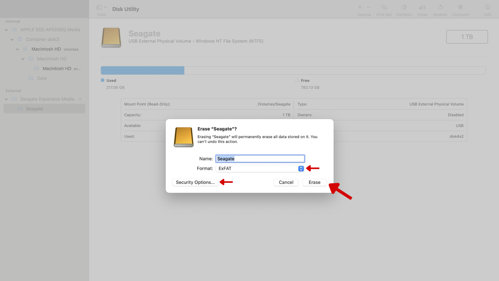 A screenshot of the Disk Utility app on macOS with arrows pointing at the Format dropdown, Security Options, and Erase button in the Erase menu for the hard drive. 