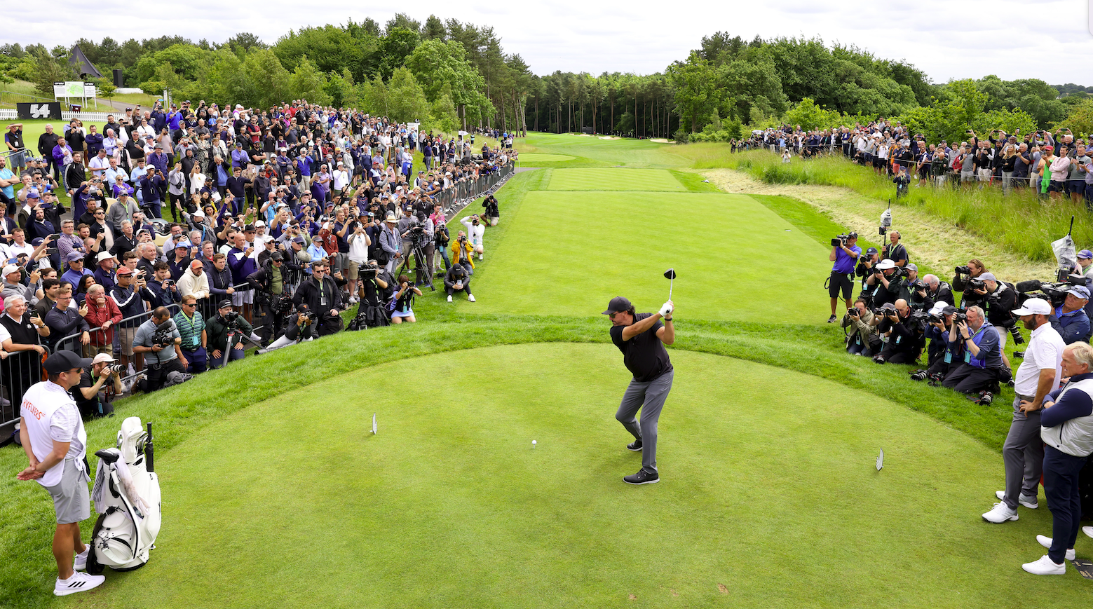 Phil Mickelson of Hy Flyers GC tees off on the 1st hole of the LIV Golf London at The Centurion Club in St Albans, England.