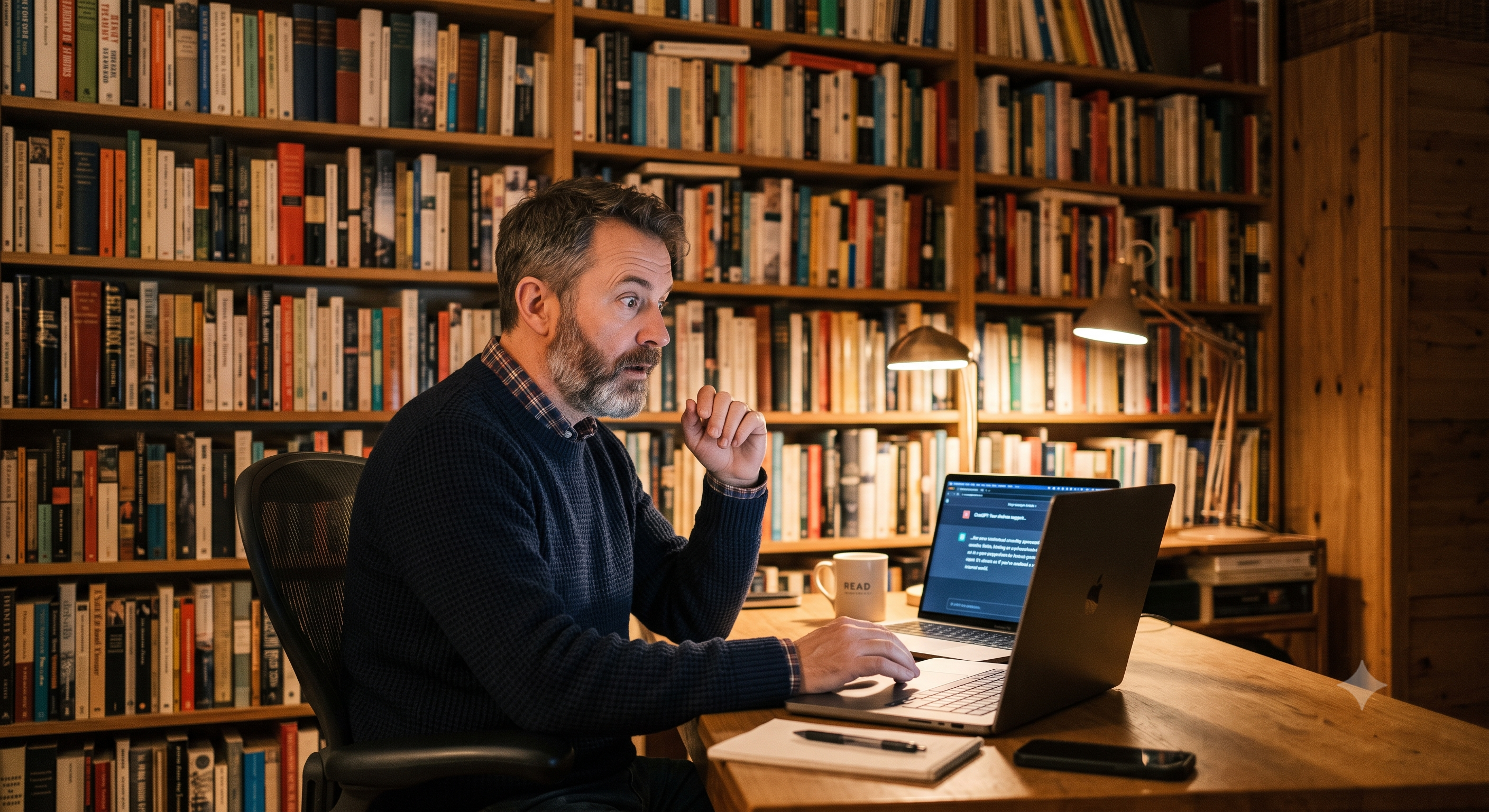 Man surprised at laptop with books behind him.
